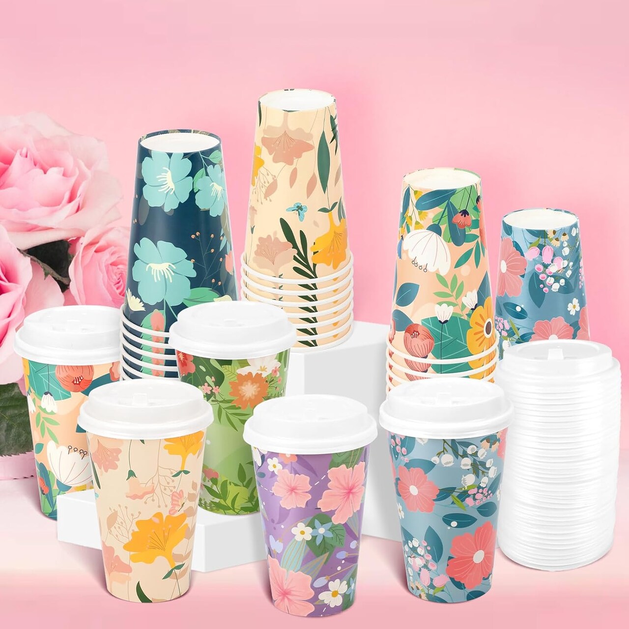 Disposable Paper Cup 16 oz 48-piece Coffee Cups with Lids, 6 Spring Floral Design Drinking Paper Cups for Floral Themed Birthday Party Bridal, Wedding, Tea Party, Baby Shower